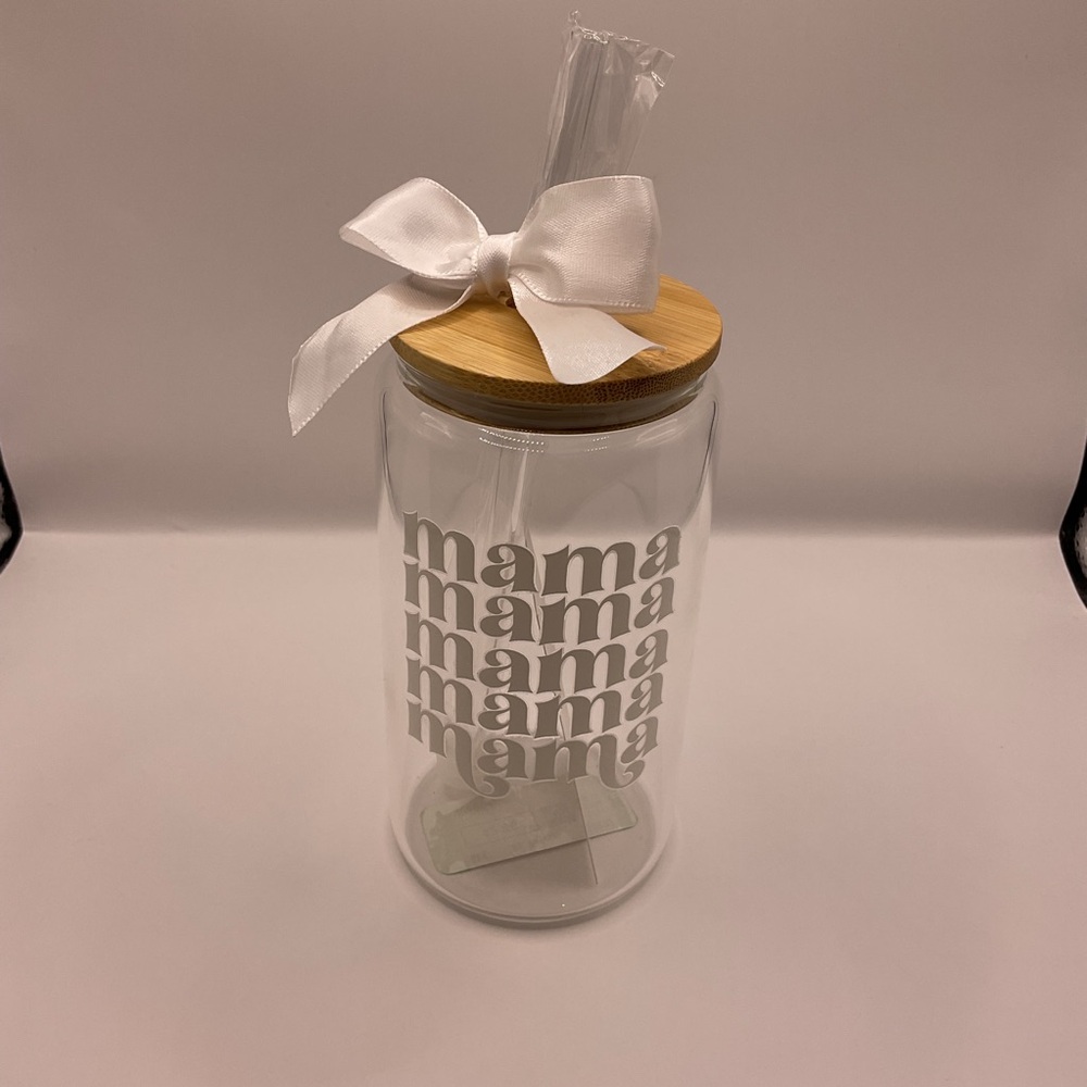 Allure Designs NWT Mama Glass Tumbler, Glass Cup, Bamboo Lit & Straw Sealed